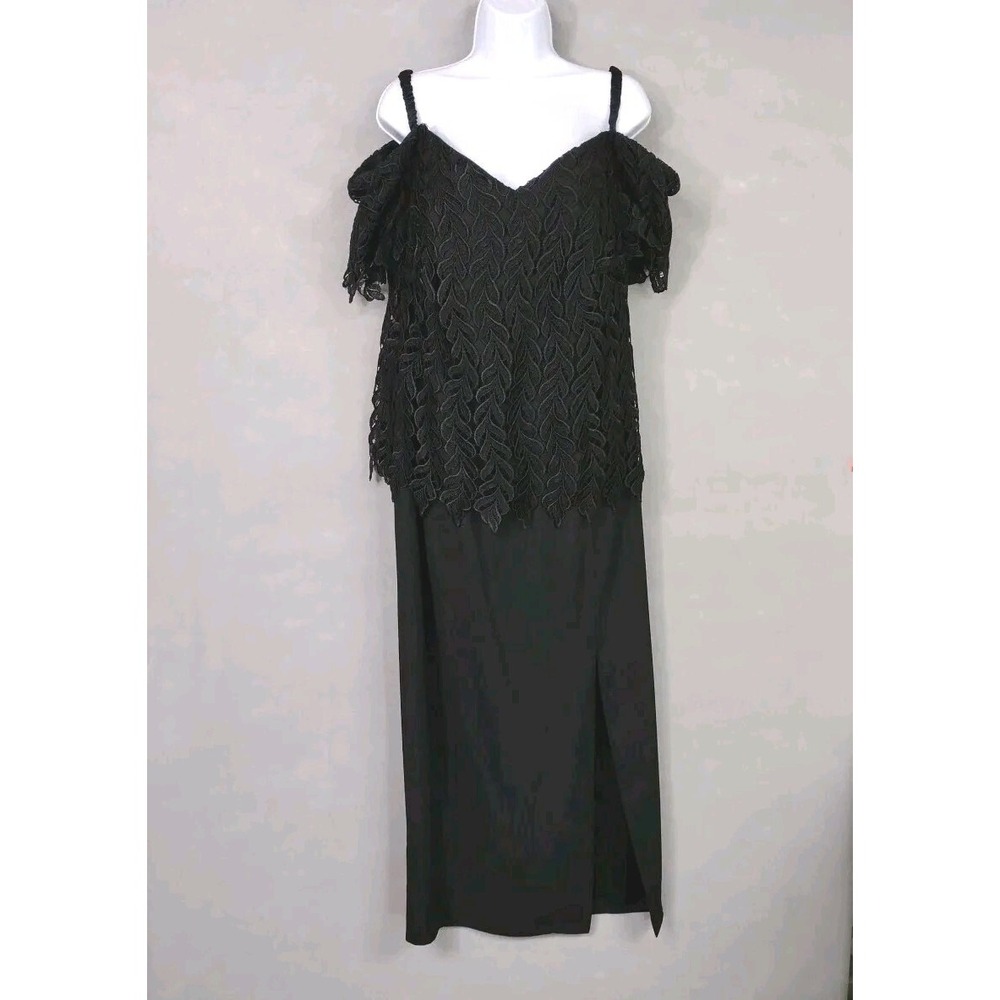 Cachet Women 18 Dress Black Vintage 80s Lace Off Shoulder Formal Pencil Midi